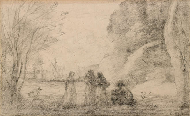 Jean-Baptiste Camille Corot - Une famille à Terracine - Crayon noir sur papier autographique