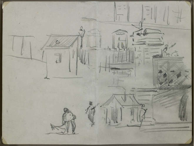Édouard Manet - Recto : Le pont de l’Europe - Croquis pour Le chemin de fer (1872-1873, Washington, National Gallery of Art) - 1872 - Mine de plomb sur double page de carnet, papier vélin