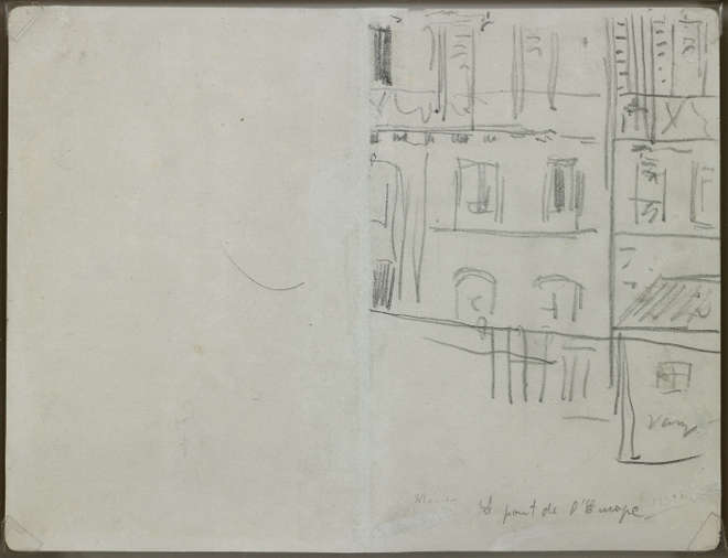 Édouard Manet - Verso : La rue de Saint-Pétersbourg - Croquis pour Le chemin de fer (1872-1873, Washington, National Gallery of Art) - 1872 - Mine de plomb sur double page de carnet, papier vélin