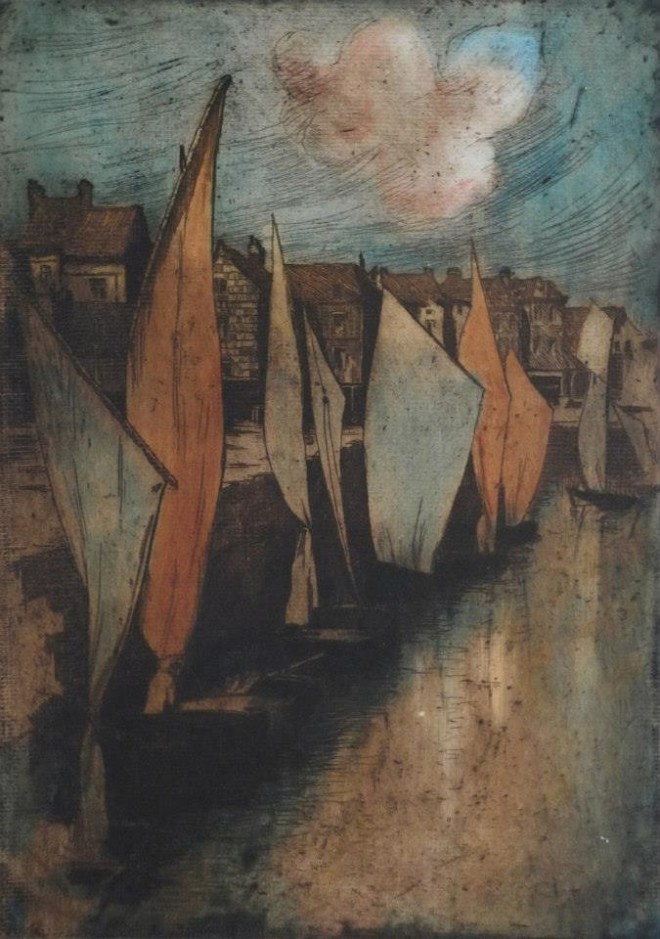 Alfredo Müller. Le vieux port du Pollet à Dieppe. 1898-1903. Eau-forte et aquatinte en couleurs. Catalogue raisonné E68.